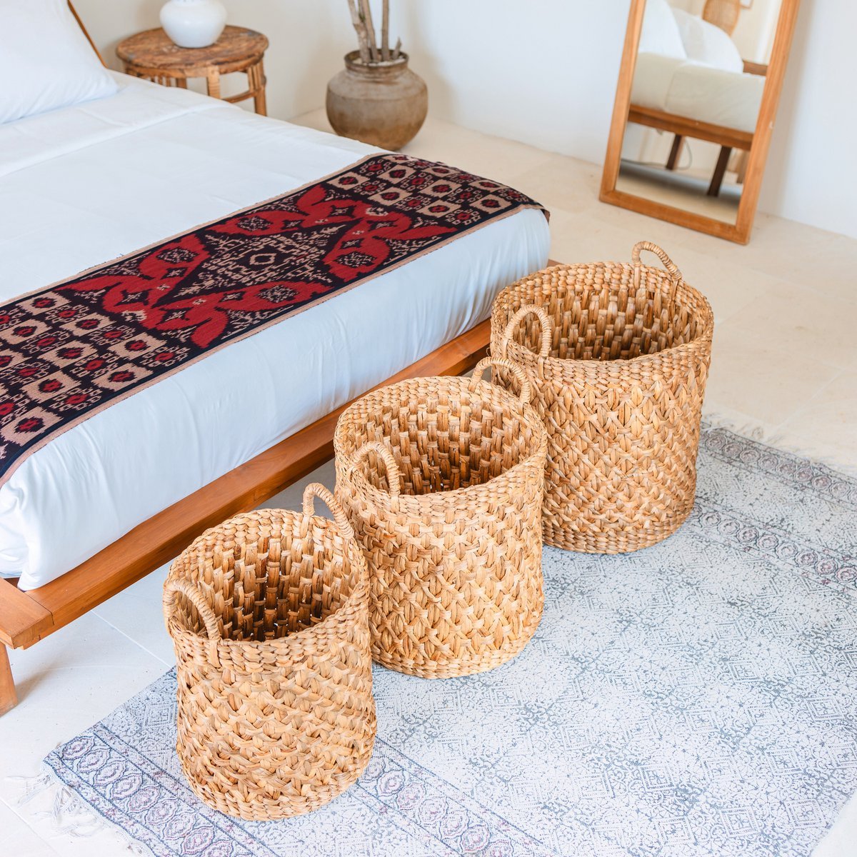Runder geflochtener Wäschekorb – Boho-Pflanzkorb – Wäschekorb braun – großer Korb aus Wasserhyazinthe RAJA (3 Größen Ø 35/40/50 cm)