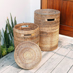 Großer Wäschekorb mit Deckel - gewebter runder Korb - brauner Boho -Aufbewahrungskorb - Dekorativer Rattankorb (2 Größen Ø 36/40 cm) Sari (braun)