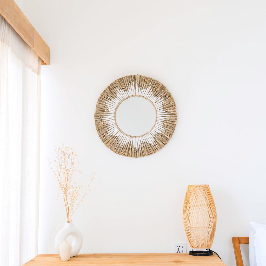 Runder Wandspiegel aus Seegras – Boho-Hängespiegel – Wandspiegel mit Fransen und Muster aus weißer Baumwolle (Ø 60 cm) RANDU