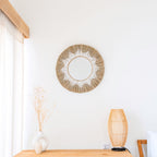 Runder Wandspiegel aus Seegras – Boho-Hängespiegel – Wandspiegel mit Fransen und Muster aus weißer Baumwolle (Ø 60 cm) RANDU