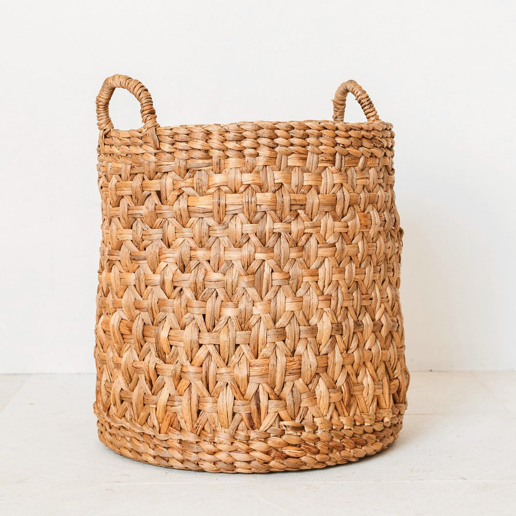 Runder geflochtener Wäschekorb – Boho-Pflanzkorb – Wäschekorb braun – großer Korb aus Wasserhyazinthe RAJA (3 Größen Ø 35/40/50 cm)