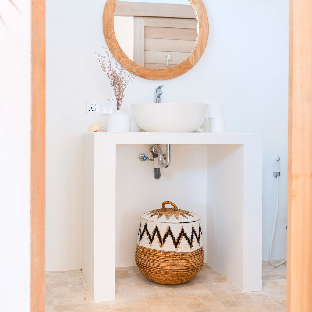 Wäschekorb mit Deckel – Boho-Wäschekorb rund – großer Boho-Korb – geflochtener Korb mit Baumwollmuster PALEM (3 Größen Ø33/43/55 cm)