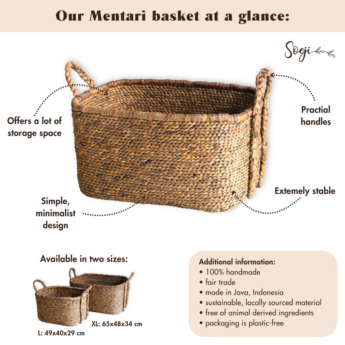Extra großer Wäschereikorb - quadratischer Boho -Hamper - gewebter dekorativer Korb - Aufbewahrungskorb aus natürlicher Wasserhyazinthe (2 Größen) Mentari