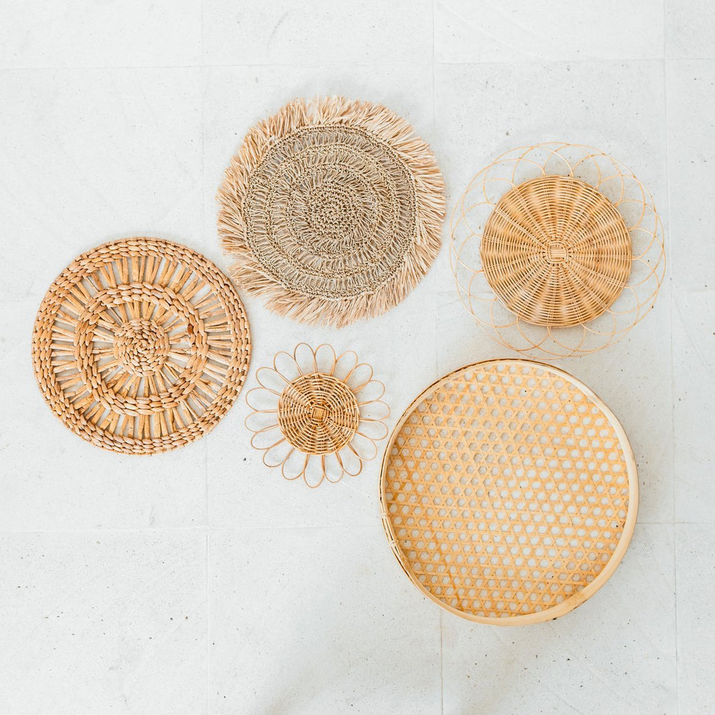 Boho-Wanddekor-Set – Rattan-Wandkörbe – natürliche Wandbehang – gewebte Wanddekoration – handgefertigtes Set aus 5 Wandtellern (Ø 15–45 cm) PENIDA