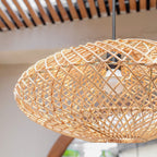 Rattan-Lampenschirm-Boho-Anhänger Licht-natürliche Deckenlampe-Scheibe-förmige Lampe-flaches handgewebte Deckenleuchte (Ø 40 cm) Arana