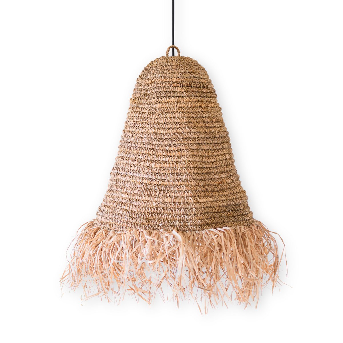 Raffia Boho Lampenschirm – Hängelampe – Pendelleuchte – handgewebte Deckenleuchte mit langen Fransen (2 Größen Ø 30/40 KALIMA