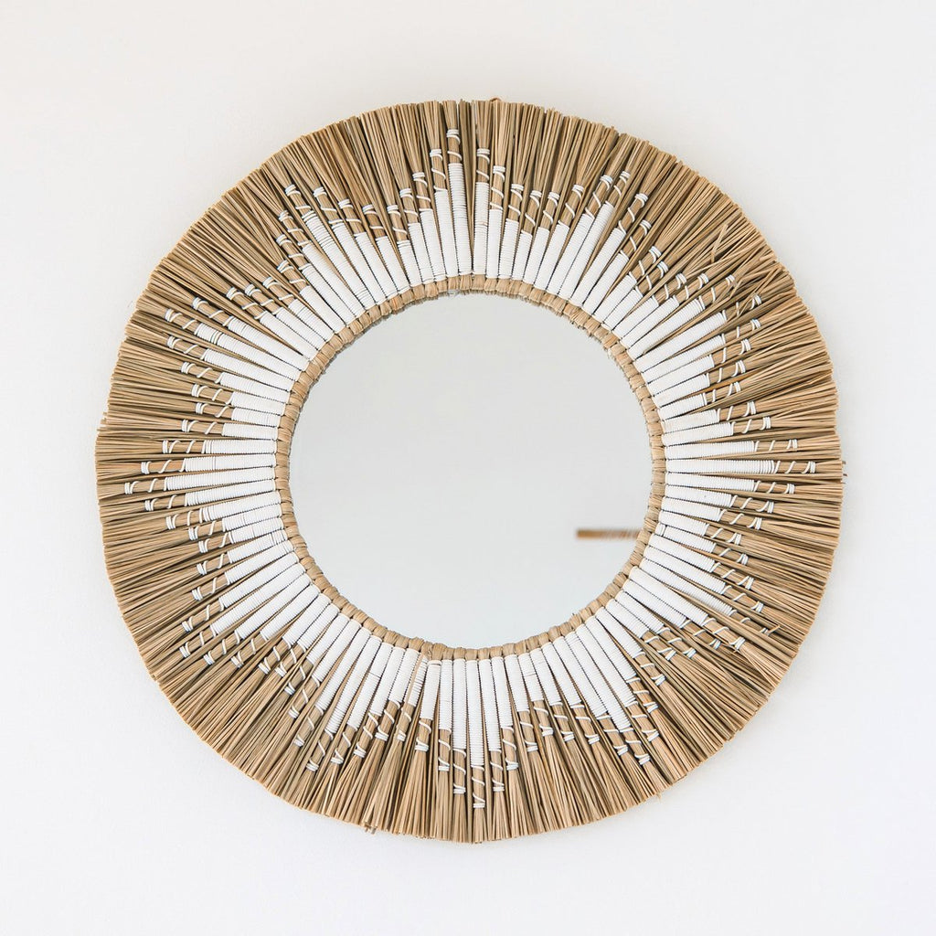 Runder Wandspiegel aus Seegras – Boho-Hängespiegel – Wandspiegel mit Fransen und Muster aus weißer Baumwolle (Ø 60 cm) RANDU