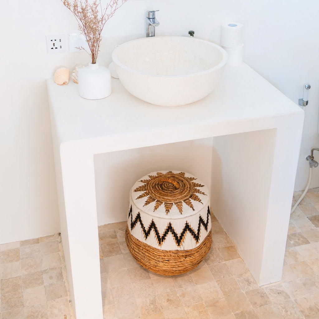 Wäschekorb mit Deckel – Boho-Wäschekorb rund – großer Boho-Korb – geflochtener Korb mit Baumwollmuster PALEM (3 Größen Ø33/43/55 cm)