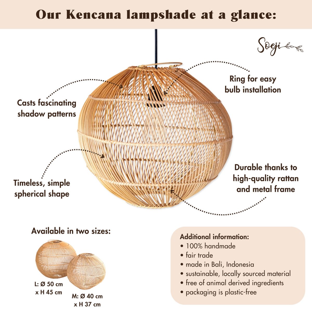 Runde Rattan -Lampenschatten - Boho -Anhänger hell moderne - handgefertigte Deckenlampe - sphärische natürliche Hanglampe (Ø 40/50 cm) Kencana
