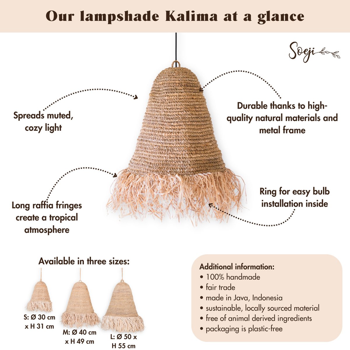 Raffia Boho Lampenschirm – Hängelampe – Pendelleuchte – handgewebte Deckenleuchte mit langen Fransen (2 Größen Ø 30/40 KALIMA