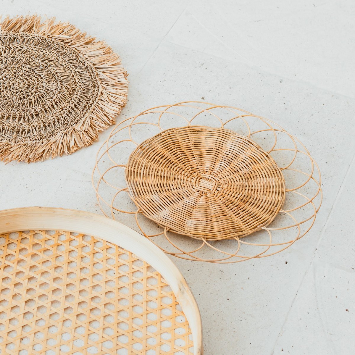 Boho-Wanddekor-Set – Rattan-Wandkörbe – natürliche Wandbehang – gewebte Wanddekoration – handgefertigtes Set aus 5 Wandtellern (Ø 15–45 cm) PENIDA