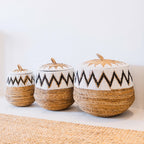 Wäschekorb mit Deckel – Boho-Wäschekorb rund – großer Boho-Korb – geflochtener Korb mit Baumwollmuster PALEM (3 Größen Ø33/43/55 cm)