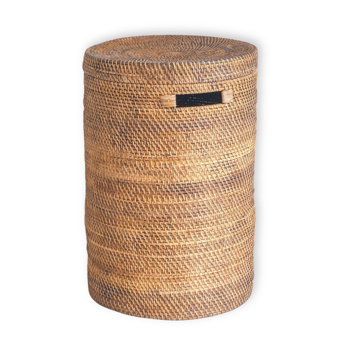 Großer Wäschekorb mit Deckel - gewebter runder Korb - brauner Boho -Aufbewahrungskorb - Dekorativer Rattankorb (2 Größen Ø 36/40 cm) Sari (braun)