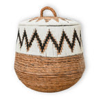 Wäschekorb mit Deckel – Boho-Wäschekorb rund – großer Boho-Korb – geflochtener Korb mit Baumwollmuster PALEM (3 Größen Ø33/43/55 cm)